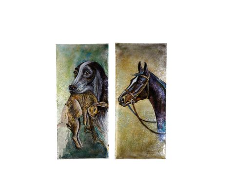 PIERRE BONNET FOR LIMOGES: Pair of enamelled convex panels, the first depicting a dog with a hare in its mouth, the second a 