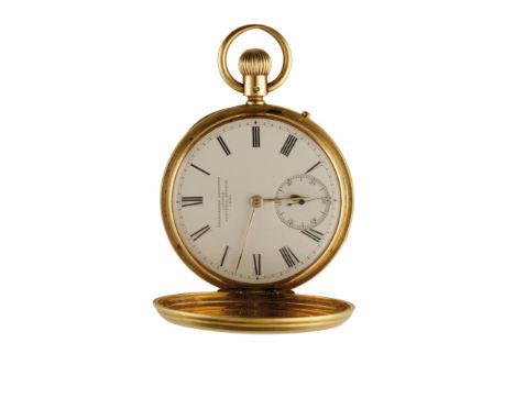 GOLDSMITHS ALLIANCE LTD OF CORNHILL LONDON 18CT GOLD KEYLESS WIND GENTLEMAN,S POCKET WATCH with white enamel  dial , black Ro