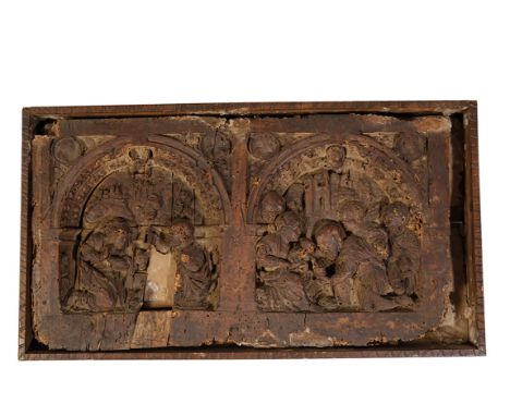 NORTHERN RENNAISSANCE PANEL, with two arcades depicting the Adoration beneath spandrels carved with circular profile portrait
