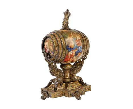 AUSTRIAN SILVER AND ENAMEL PERFUME BARREL, CIRCA 1900, modelled as a barrel supported at either end by two bacchic figures, a