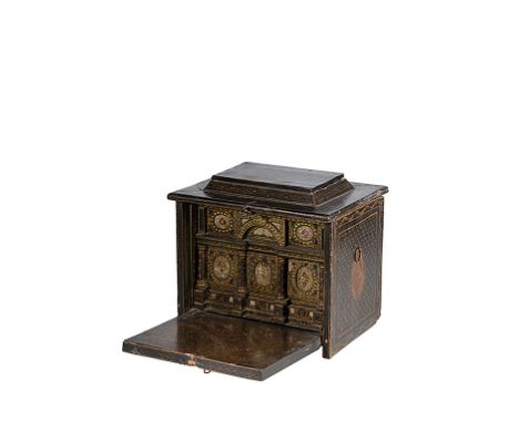 RARE ITALIAN RENAISSANCE TABLE CABINET, late 16th century,  with a hinged lid enclosing a mirror plate and a pull-down front 