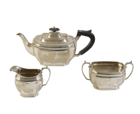 THREE PIECE SILVER TEA SET, by Harrison Brothers &amp; Howson, Sheffield, the teapot of shaped oblong form, hinged cover with