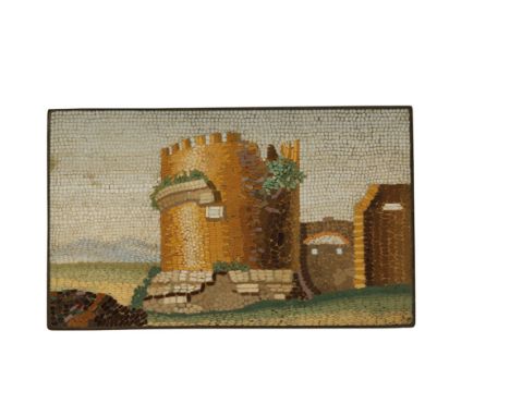 GRAND TOUR ITALIAN MICRO MOSAIC PANEL, depicting a scene of the remains of turret within in a landscape, 5.5cm long