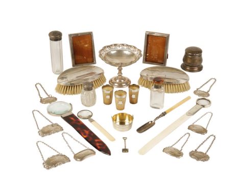 COLLECTION OF SILVER AND VERTU, comprising a cased set of three Victorian silver mounted and horn miniature travelling beaker