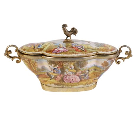 AUSTRIAN SILVER-GILT AND ENAMEL COVERED BOWL, VIENNA, CIRCA 1900, of lobed boat shape form, the side decorated throughout wit