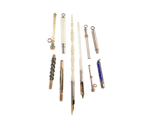 COLLECTION OF PROPELLING PENCILS AND DIP PENS, 19th century and later, comprising two yellow metal pencils, two yellow metal 