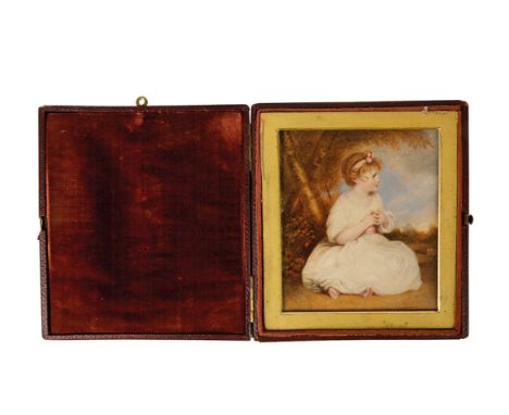AFTER JOSHUA REYNOLDS "THE AGE OF INNOCENCE" MINIATURE PORTRAIT, painted on ivory, initialed bottom left "ECV", the reverse i