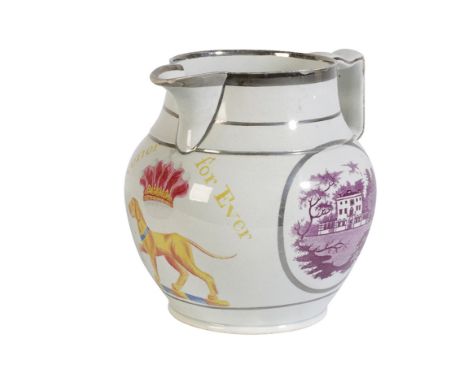 A RARE SILVER RESIST LUSTRE POTTERY JUG inscribed "Grosvenor For Ever" surrounding the family crest of a hound surmounted by 