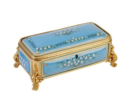 LIMOGES ENAMEL AND GILT-METAL MOUNTED CASKET, CIRCA 1900, the hinged lid and sides painted with trailing and festoons of lily