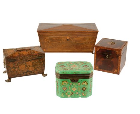 FRENCH GREEN GLASS BOX, CIRCA 1900, of canted rectangular form, decorated with flowers and stylised foliate scrolls in gilt a