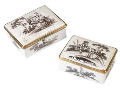 TWO CONTINENTAL ENAMEL SNUFF BOXES, 18TH / 19TH CENTURY, each with grisaille decoration, 9cm &amp; 8cm wide