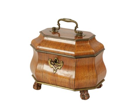 VICTORIAN OCTAGONAL ROSEWOOD TEA CADDY with fitted interior , brass rims on claw and ball feet 16 cm High x 20 cm Wide 