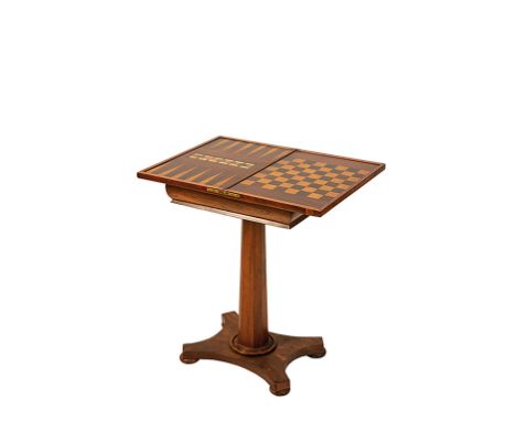 A WILLIAM IV ROSEWOOD GAMES TABLE with a crossbanded folding rectangular top opening to reveal an interior inlaid with a back