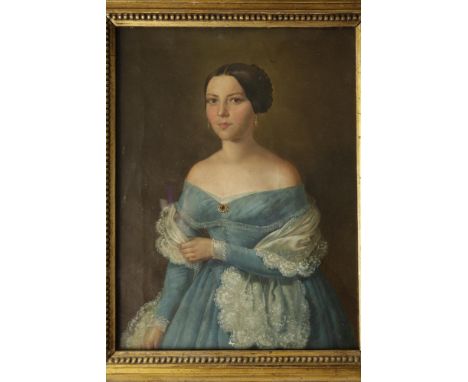 ENGLISH SCHOOL, 19th century A three-quarter length portrait of a lady wearing a blue off the shoulder gown, a lace shawl dra
