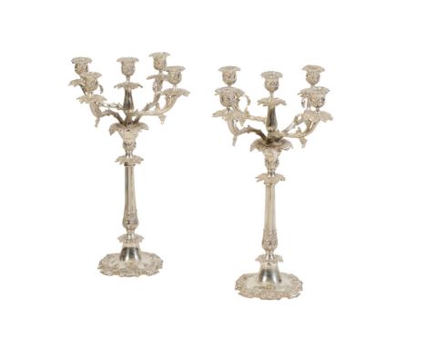 PAIR OF ELECTROPLATED FIVE-LIGHT CANDELABRA, the detachable top sections with urn-shaped capitals, leaf drip pans and branch 