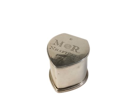 GEORGE III SILVER NUTMEG GRATER, unmarked, oval form, the hinged cover engraved " M * R NESFIELD 1776" reeded border, steel g