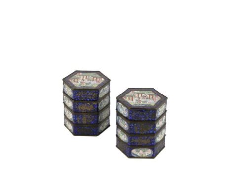 PAIR OF CHINESE BLUE LUSTRE ENAMEL FOUR-SECTION HEXAGONAL BOXES the sides painted with panels of courtiers and scenic views, 