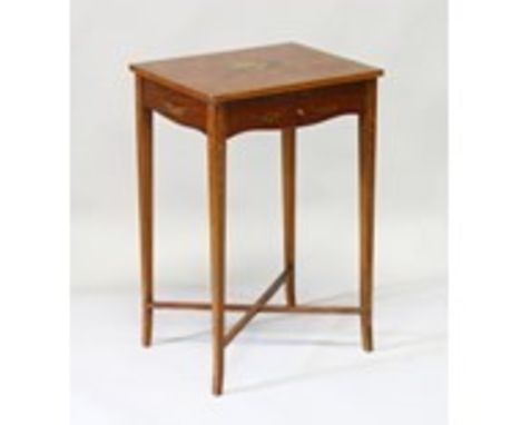 EDWARDIAN PAINTED SATINWOOD OCCASIONAL TABLE with banded decoration, the rectangular top with a central oval panel painted wi