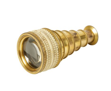 DOLLAND LONDON 19TH CENTURY GILT METAL FOLDING OPERA GLASS, with engine turned decoration and "ivory" mount