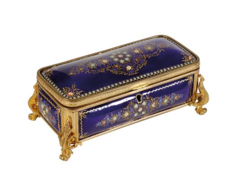 LIMOGES ENAMEL AND GILT-METAL MOUNTED CASKET, LATE 19TH CENTURY, signed by Paris retailer Tahan, the 'jewelled' panels decora