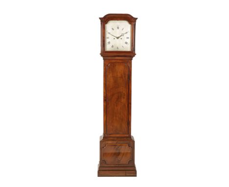 A GEORGE III MAHOGANY LONGCASE CLOCK, the silvered dial with Roman numerals and outer Arabic seconds numerals, inscribed " Ge