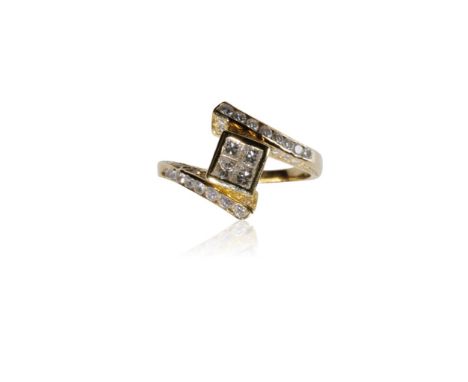 DIAMOND SET DRESS RING, four princess-cut  diamonds forming a square, between a cross over unmarked yellow metal shank with r