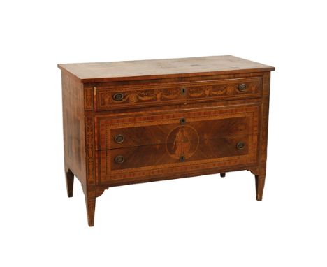 PAIR OF NORTH ITALIAN KINGWOOD AND MARQUETRY COMMODES in the manner of Guiseppe Maglioni, each with a rectangular top inlaid 