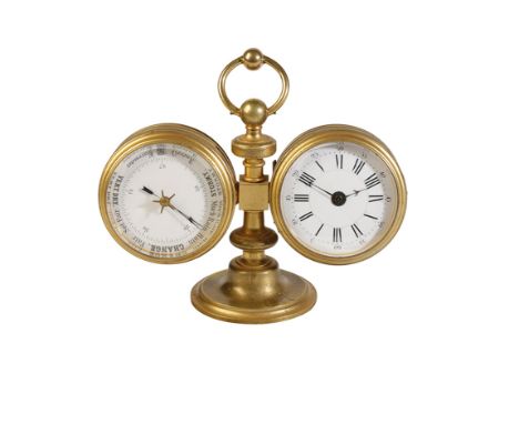 GILT BRASS DESK CLOCK AND BAROMETER SET, the clock reverse with visual escapement, the barometer reverse with fitted thermome