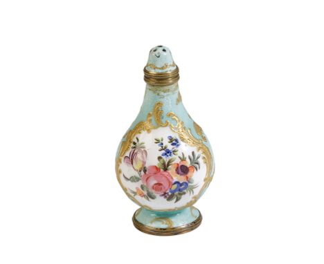 RARE FRENCH ENAMEL WIG POWDER SHAKER, 18TH CENTURY, of baluster form, the sides painted with a landscape view and floral spra