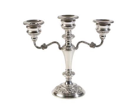 THREE BRANCH SILVER CANDELABRA, by W I Broadway &amp; Co, Birmingham, 1975, knopped central stem with leaf capped scroll arms