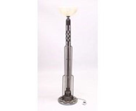 A 1920'S FRENCH METAL UP-LIGHTER, with cut glass circular shade. 165cm high.