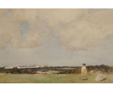 ROSE MAYNARD BARTON (1856-1929) Two young girls in a rural landscape, with white walled cottages to the distance, signed 'R. 