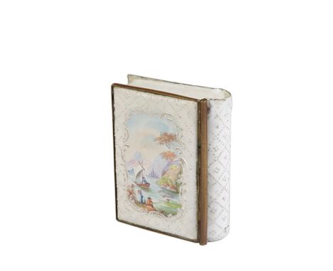 CONTINENTAL ENAMEL BOOK FORM SNUFF BOX, 18TH / 19TH CENTURY, painted with a port scene, 6cm wide
