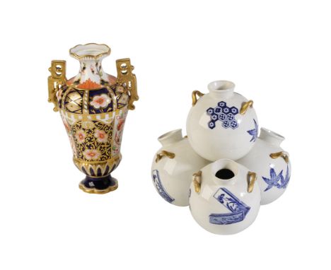 ROYAL WORCESTER AESTHETIC PERIOD VASE of multi-globular form, printed mark, 15cm, and a Royal Crown Derby Imari pattern vase 