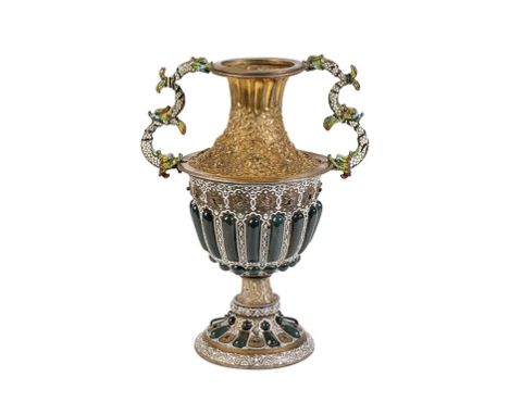 AUSTRIAN SILVER, ENAMEL AND HARDSTONE TWIN-HANDLED VASE, LATE 19TH CENTURY, the foliate embossed flared neck with twin bright
