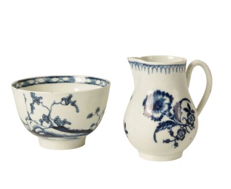 FIRST PERIOD WORCESTER BLUE AND WHITE SPARROW BEAK CREAM JUG of small stature, decorated with floral sprigs and an insect, 7c