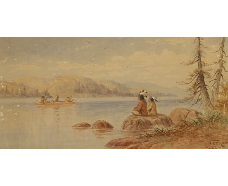 FREDERICK ARTHUR VERNER (1836-1928) A study of an Indigenous Americans seated on a riverside boulder, watching a canoe passin