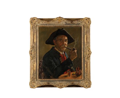 •MAX RIMBOECK (1890-1956) A half-length portrait of a gentleman wearing a tricorn hat and smoking a pipe whilst seated at a t