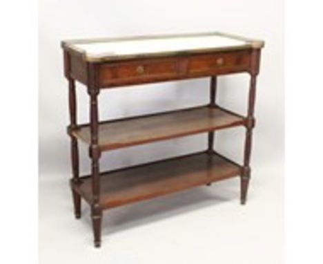 LOUIS XVI STYLE MAHOGANY CONSOLE-DESSERTE with a mottled white and grey marble top enclosed by a pierced gilt metal gallery, 