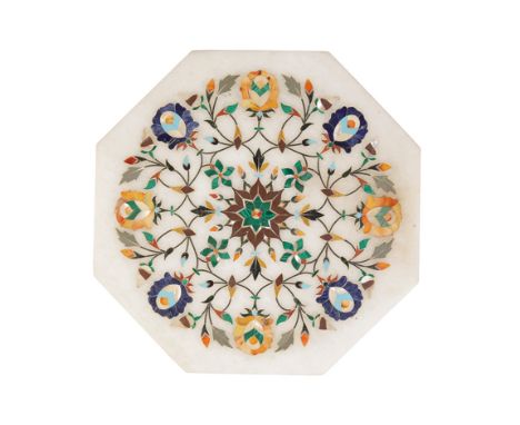 AN INDO-PERSIAN OCTAGONAL ALABASTER PANEL inlaid with semi-precious stones including malachite, lapis lazuli and shell with a