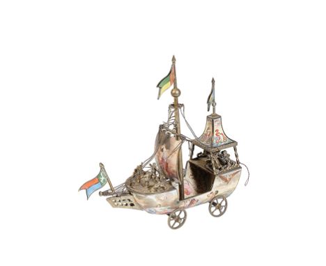 AUSTRIAN SILVER AND ENAMEL NEF, VIENNA, LATE 19TH CENTURY, the sides and sail painted with mythological scenes, the decks app