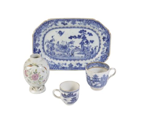 CHINESE FAMILLE ROSE TEA CADDY of ovoid form with pierced base, 10cm, a Nanking blue and white small rectangular dish and two