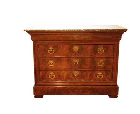 EMPIRE MAHOGANY COMMODE with a mottled black and grey rectangular marble top over a drawer and a pair of panelled cupboards f