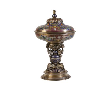 FRENCH NEO-CLASSICAL STYLE SILVER AND ENAMEL COVERED COMPOTE, LATE 19TH CENTURY, the domed cover and sides decorated in colou