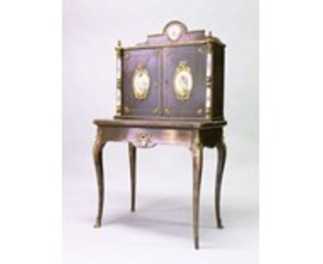 LOUIS XV STYLE CABINET with ormolu and ceramic mounts decorated with flowers, the upper section with two doors enclosing shel