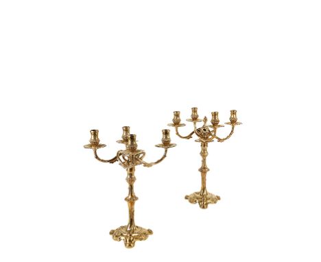 PAIR OF VICTORIAN FOUR LIGHT CAST SILVER GILT CANDELABRA by George Fox, London 1872, the detachable top sections with fluted 