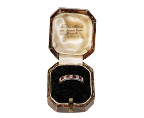 RUBY AND DIAMOND HALF ETERNITY RING, set in unmarked white metal, on an 18ct yellow gold shank, ring size M