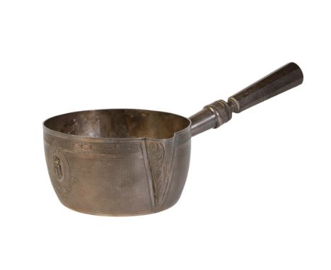 FRENCH SILVER SAUCEPAN of conventional form with faceted wooden handle, wide pouring spout, engine-turned decoration and reli