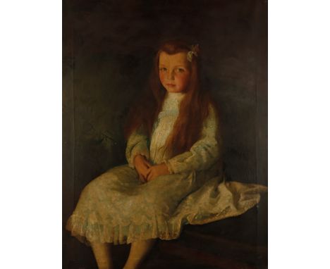 ENGLISH SCHOOL, 19th century A portrait study of a young girl seated on a chaise longue, wearing a dress with blue sash and a