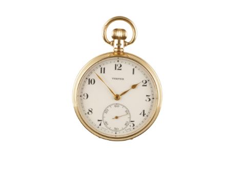 VERTEX 9 CT GOLD CASED OPEN FACE GENTLEMEN'S POCKET WATCH with keyless wind, white enamel dial, subsidiary seconds dial, blac